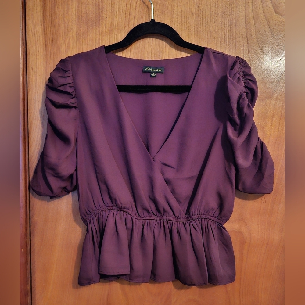 Shinestar Purple Peplum Blouse | Puff Sleeves V-Neck - Size M